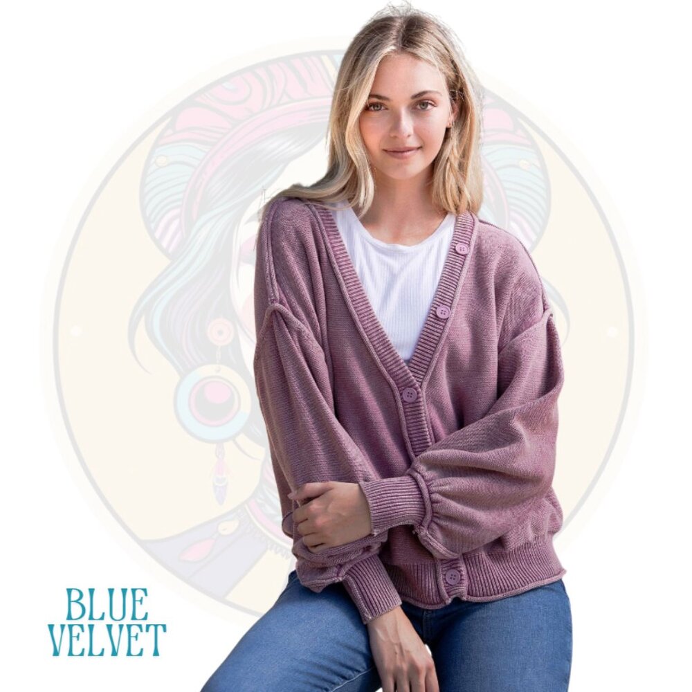 4V BLUE VELVET Washed Knit Button Up Cardigan in Mauve
